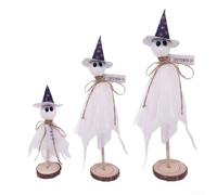 Drivstraw Set di decorazioni in legno spettrale per Halloween, da tavolo, apparizioni bianche inquietanti con cappello, riutilizzabili, tre misure 25 cm, 20 cm, 15 cm, per feste a casa, vassoio a