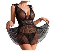 Drivstraw Set pigiama da donna in rete a pois, con scollo a V, con canotta in pizzo, camicia da notte e biancheria intima, per tutti i giorni, casa, club, vacanze, (S nero)