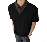 Drivstraw T-shirt da uomo a maniche corte patchwork con colletto a camicia finto design a due pezzi, casual, traspirante, tinta unita, per tutti i giorni, vacanze, feste (L)