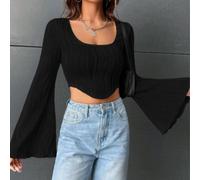 Drivstraw Top da donna a maniche lunghe con scollo a U sottile ondulazione | Design con scollo a U, maniche lunghe, trama ondulata, per una vestibilità aderente, opzioni in bianco e nero