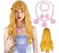 DRJCKOLOTH Principessa Parrucca,Bionda Parrucca Da Principessa,Ondulata Lunga Parrucca,Parrucca Cosplay di Principessa,Set Di Collana e Bracciale Con Conchiglia Glitterata,per Halloween Cosplay