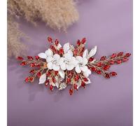 DRJUSS Fermaglio per capelli da sposa Fiore di strass Rosso Blu Accessori per la testa di nozze Gioielli Trendy Copricapo verde rosa per le donne Diademi d'argento-rosso