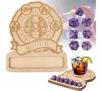 DRMFLE Sottobicchieri in legno per DND - 7 dadi poliedrici, incisi al laser con icone classiche di gioco di ruolo, accessorio da gioco per dungeons & dragons, finitura liscia, base antiscivolo, regalo