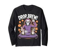 Drop The Brew! Scheletro DJ Halloween Coffee Fun Maglia a Manica