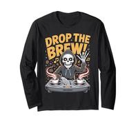 Drop The Brew! Scheletro DJ Halloween Coffee Fun Maglia a Manica