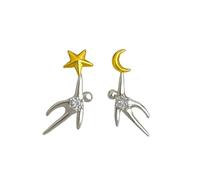 DRORIT Orecchini asimmetrici "Inner Light" a forma di stella e luna, in oro e argento, con zirconi, in argento Sterling 925, gioielli unici bicolore