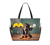 DRTGEDS Borsa da spiaggia con bassotto carino e borsa da piscina da donna Ton di tasche. Borsa da spiaggia con cerniera borsa da palestra da viaggio, nera, taglia unica, Nero , Taglia unica