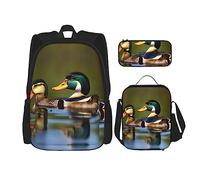 DRTGEDS Due Mallard Ducks zaino con portapranzo 3 in 1 set con astuccio, zaino di grande capacità con cinghia toracica