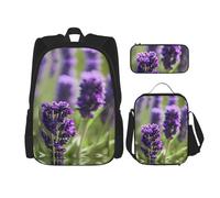 DRTGEDS Lo zaino 3 dei fiori colorati della lavanda in 1 ha stabilito lo zaino casuale con la borsa della matita della scatola di pranzo resistente