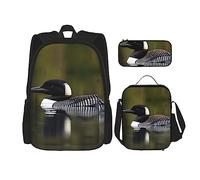 DRTGEDS Loon Nature Bird zaino con portapranzo 3 in 1 set con astuccio, zaino di grande capacità con cinghia toracica