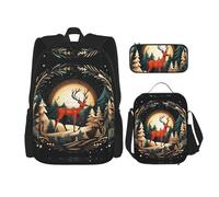 DRTGEDS Merry Christmas Deer Zaino con portapranzo 3 in 1 Set con astuccio, zaino di grande capacità con cinghia toracica