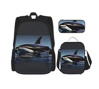 DRTGEDS Orca Killer Whale Print Zaino con portapranzo 3 in 1 Set con astuccio, zaino di grande capacità con cinghia toracica