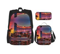 DRTGEDS Set di 3 zaini, con stampa tramonto di Las Vegas, con astuccio portapranzo