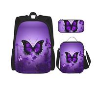 DRTGEDS Set di 3 zaini, graziose farfalle viola stampate con astuccio per il pranzo