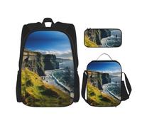 DRTGEDS Set di 3 zaini, Irlanda All'aperto Contea Clare The Cliffs Zaini stampati Set Con Borsa Pranzo Matita Pouch