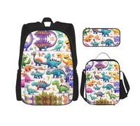 DRTGEDS Set di 3 zaini, molti dinosauri colorati dei cartoni animati stampati set con borsa per il pranzo e astuccio per matite