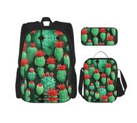 DRTGEDS Set di 3 zaini, molti piccoli zaini stampati con cactus e astuccio portapranzo