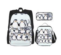 DRTGEDS Set di 3 zaini, molti simpatici pinguini con stampa di schizzo set con borsa per il pranzo e astuccio per matite