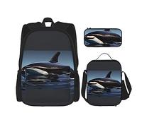 DRTGEDS Set di 3 zaini, orca killer whale, stampa con stampa di orche, con borsa per il pranzo e astuccio per matite