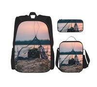 DRTGEDS Set di 3 zaini, reti da pesca con stelle marine, set di zaini stampati con borsa per il pranzo e astuccio per matite