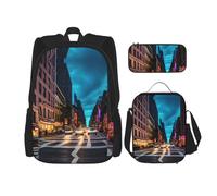 DRTGEDS Streets Of New York City Zaino 3 in 1 Set Casual Zaino Con Lunch Box Matita Borsa Impermeabile