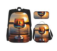 DRTGEDS Sunset Wine Glass Zaino 3 in 1 Set Casual Zaino Con Lunch Box Matita Bag Water Resistant