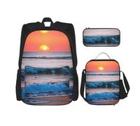 DRTGEDS Tramonto E Alba Con Ocean Sea Waves Zaino 3 In 1 Set Casual Zaino Con Lunch Box Matita Bag Impermeabile