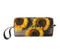 DRTGEDS Tre girasoli su piccola borsa in legno con cerniera, mini custodia da viaggio per trucco, borsa cosmetica, elettronica portatile, Tre Girasoli Su Wooden2, Taglia unica