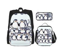 DRTGEDS Zaino 3 in 1 con molti simpatici pinguini con scatola per il pranzo 3 in 1 con astuccio, zaino di grande capacità con cinghia toracica