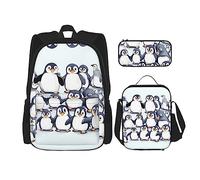DRTGEDS Zaino 3 in 1 con molti simpatici pinguini con scatola per il pranzo 3 in 1 con astuccio, zaino di grande capacità con cinghia toracica