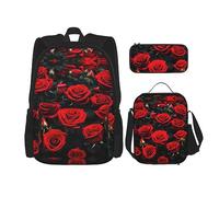 DRTGEDS Zaino con molte rose rosse con portapranzo 3 in 1 set con astuccio, zaino di grande capacità con cinghia toracica