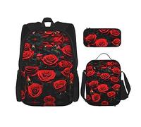 DRTGEDS Zaino con molte rose rosse con portapranzo 3 in 1 set con astuccio, zaino di grande capacità con cinghia toracica