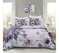 Drucon Set con copripiumino floreale California king, 3 pezzi, viola, floreale, trapuntato, in morbida microfibra, leggero, per tutte le stagioni, 269,2 x 243,8 cm