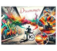 Drummer - Color Splash Rhythms: Trommelschläge und Farbexplosionen (Wandkalender 2026 DIN A2 quer), CALVENDO Monatskalender: Jahresreise in Farbe und Rhythmus