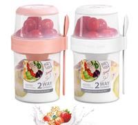 Druuzyl 2 in 1 Tazza Yogurt e Cereali Portatile - Con Cucchiaio, Doppio Strato Antigoccia 310ml+560ml (Bianco+Rosa) - Ideale per Overnight Oats e Viaggi