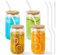 Druuzyl Bicchieri con Coperchio e Cannuccia 4 Pezzi Tazze in Vetro da Caffè Ghiacciata Bicchiere da Birra a Forma di Lattina 16 oz Bubble Tea Bicchieri da Cocktail per Frappè Succhi