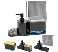 Druuzyl Dispenser Sapone e Detersivo per Cucina 4 in 1 - Con Vassoio Antiscivolo, Supporto Strofinacci e Porta Spugna, Ricaricabile, Organizzatore per Lavello da Cucina