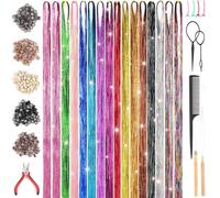 Druuzyl Kit 16 Colori Extension per Capelli 48 Pollici, Olografico Dazzle Extensions Capelli, Tinsel Hair Extensions con Strumenti per Ragazze e Donne, Accessori per Feste