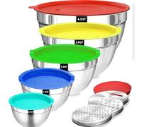 Druuzyl Set da 5 Ciotole in Acciaio Inossidabile con Coperchi - 4.5L/2.7L/1.6L/1.1L/0.7L - Include 3 Accessori per Macinatura, Impilabili e Lavabili in Lavastoviglie