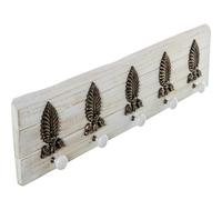 DRW Appendiabiti da parete in legno con 5 ganci in ceramica e ornamenti in metallo bianco e oro 76 x 7 x 18 cm