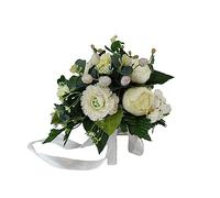 DRW Bouquet da Sposa Beige e Bianco con peonie, Camelie ed eucalipto Bouquet Artificiale Bouquet Sposa Beige 28x32Ø cm