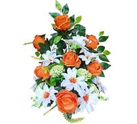 DRW Centro di fiori artificiali Cimitero, Santi, Anniversari Rose Arancione e Bianco 50 cm Larghezza x 65 cm Altezza x 25 cm Profondità (Aprox)