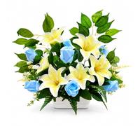 DRW Centro di fiori artificiali giallo e blu per chiese, cimiteri e celebrazioni, con rose e gigli, 50 x 15 x 50 cm