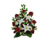 DRW Centro di Fiori Artificiali per Cimitero Bianco e Rosso Chiese Matrimoni Centro Fiori per i Santi con Lilium, Gemme, Gerbere e Ortensie Rosso e Bianco 80x65x30 cm