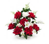 DRW Centro di fiori artificiali rosso e bianco per chiese, cimiteri e celebrazioni, con dalias e rose, 50 x 15 x 50 cm