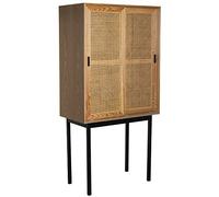 DRW Credenza con 2 Ante scorrevoli in Legno MDF, Vimini e Metallo in Naturale e Nero 76 x 40 x 154 cm, Multicolore, Grande