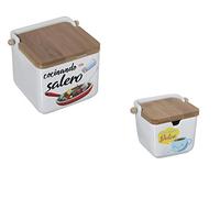 DRW Originale ceramica quadrata con coperchio in bambù, 12 x 12 x 12 cm, confezione saliera e zuccheriera divertenti 2