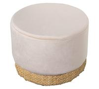 DRW Pouf rotondo in velluto crema con base di vimini traforato in naturale, 35 x 27 cm