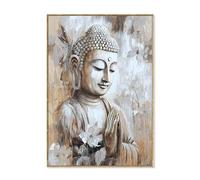 DRW Quadro su Tela con Buddha e con Parte Dipinta a Mano in Bianco e Beige, 3,5 x 70 x 100 cm