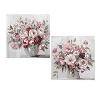 DRW Quadro su tela con vaso con fiori dipinti a mano in bianco. Rose e verde 60 x 3 x 60 cm